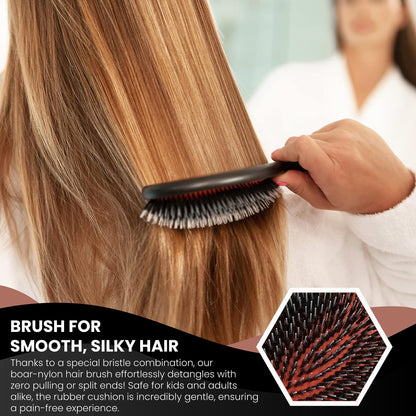 Since 1869 Hand Made In Germany - Nylon Boar Bristle Brush Suitable For Normal to Thick Hair - Gently Detangles, No Pulling or Split Ends - Softens and Improves Texture, Stimulates Scalp (Large)