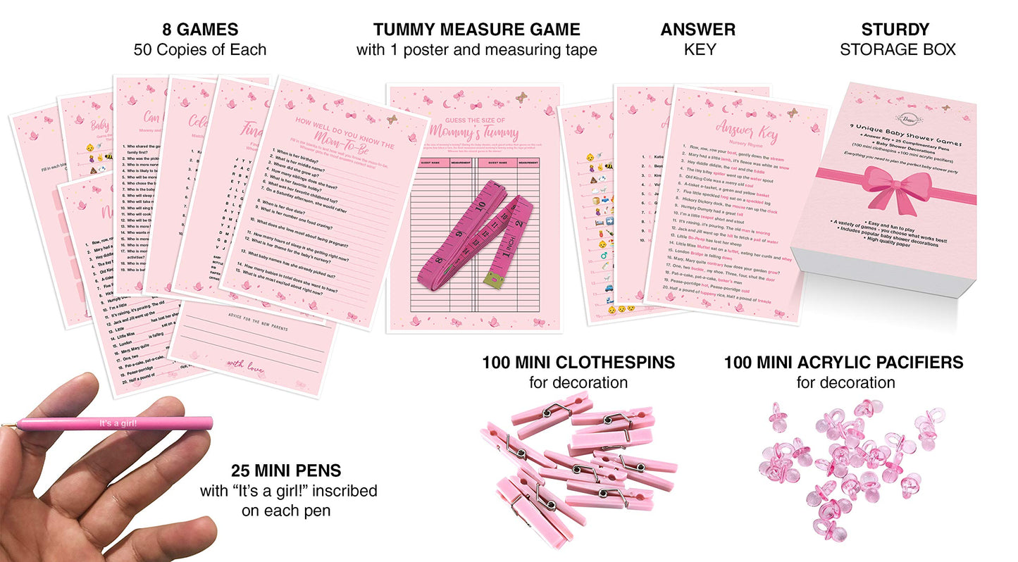 Dessie Ultimate Baby Shower Game Set - 9 Unique Girl Games, 100 Mini Clothespins, 100 Mini Acrylic Pacifiers, 25 Pens
