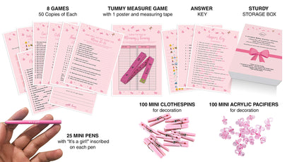Dessie Ultimate Baby Shower Game Set - 9 Unique Girl Games, 100 Mini Clothespins, 100 Mini Acrylic Pacifiers, 25 Pens