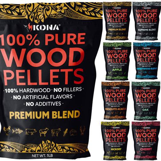 Kona Smoker Grilling Pellet Sets 8X /1 Pound Variety Pack (8 pounds Total), 100% Oak+100% Hickory+Sweetwood Blend+Premium Blend+100% Apple+100% Cherry+Supreme Blend+100% Mesquite Acacia