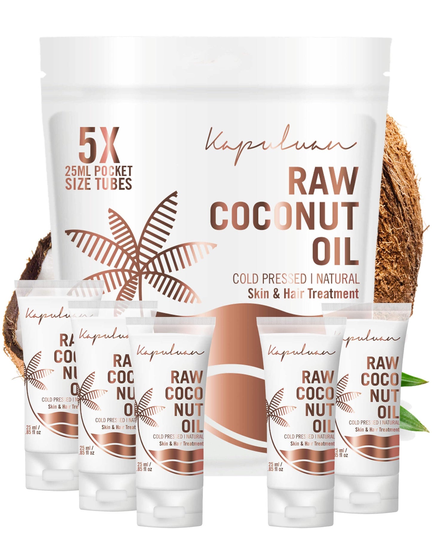Kapuluan Coconut Oil for Hair, Skin - Extra Virgin Cold Pressed Oil with MCTs for Body Care or Haircare, Hair Growth, Aceite de Coco Natural, Baby, Dogs, Pets Travel Mini Tube (5 x 25ml)