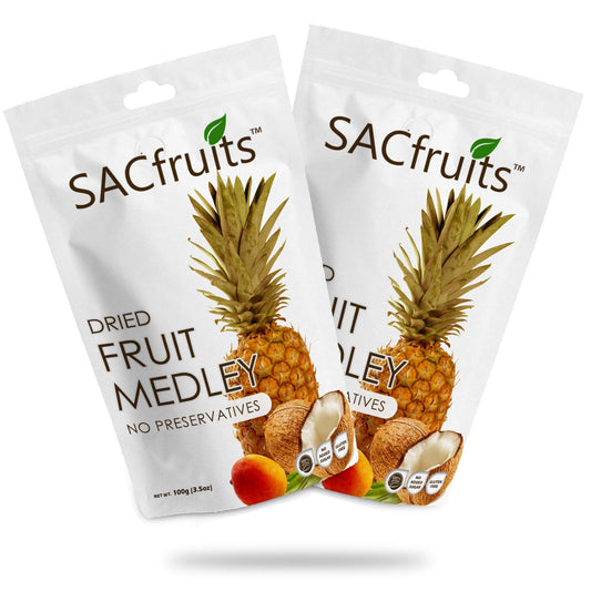 SACFruits Dried Fruit Medley | Unsweetened | Vegan | Plant Based | 100% Natural | Healthy | Mango, Pineapple & Coconut (3 Count) 3.5oz ea
