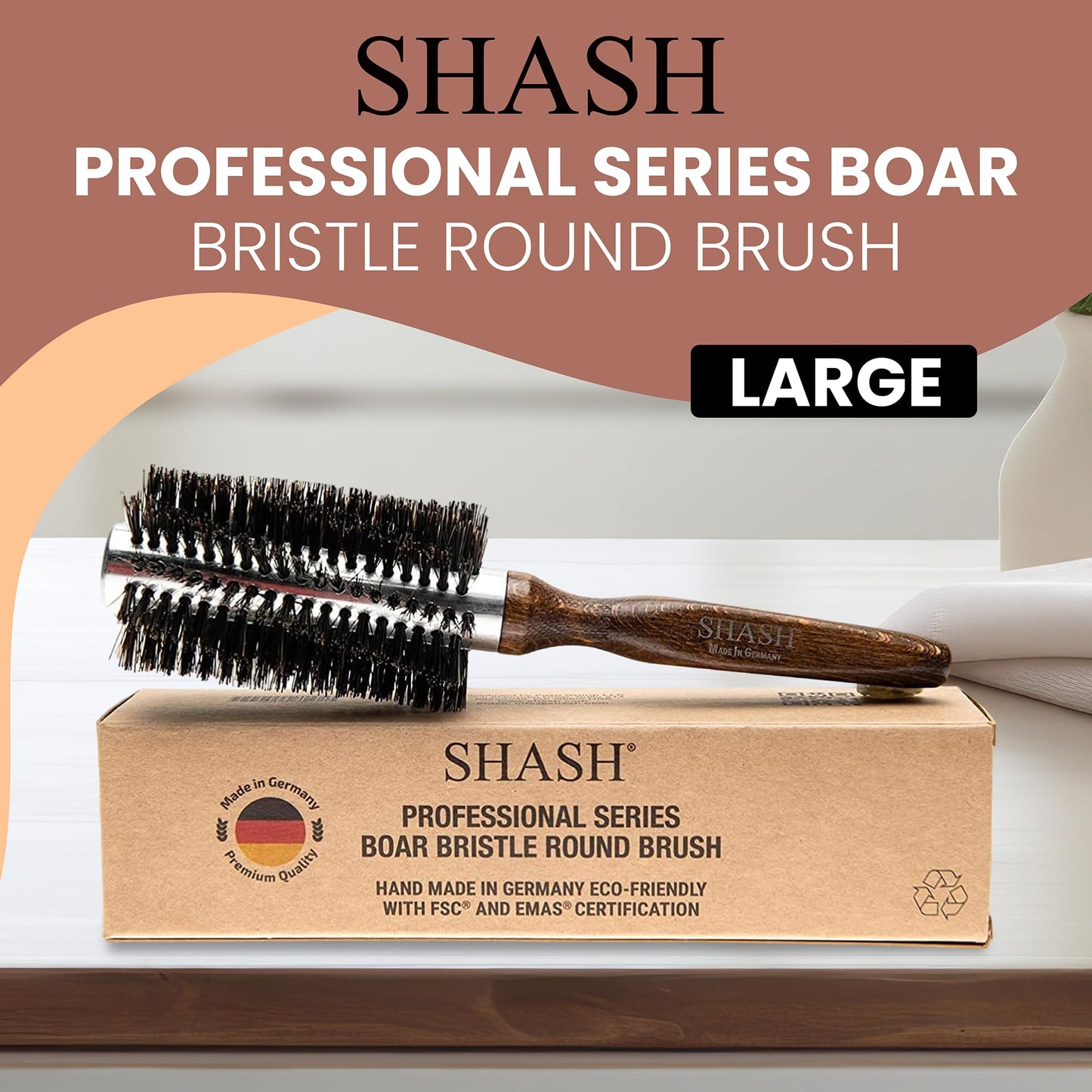 Since 1869 Hand Made In Germany Professional Series Boar Bristle Round Brush - Add Volume, Help Fight Frizz - Super-Grip Handle for Easy Styling - Eco-Sour (Large)