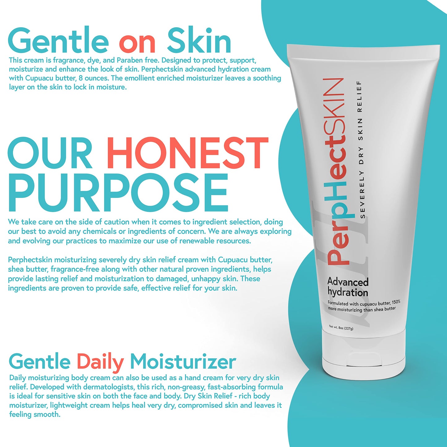 PerpHectSKIN Severely Dry Skin Relief Cream with Cupuacu Butter, Lightweight, Long Lasting Moisturizer for Body & Face, Fragrance-Free Dry Skin Natural Cream 8 Oz