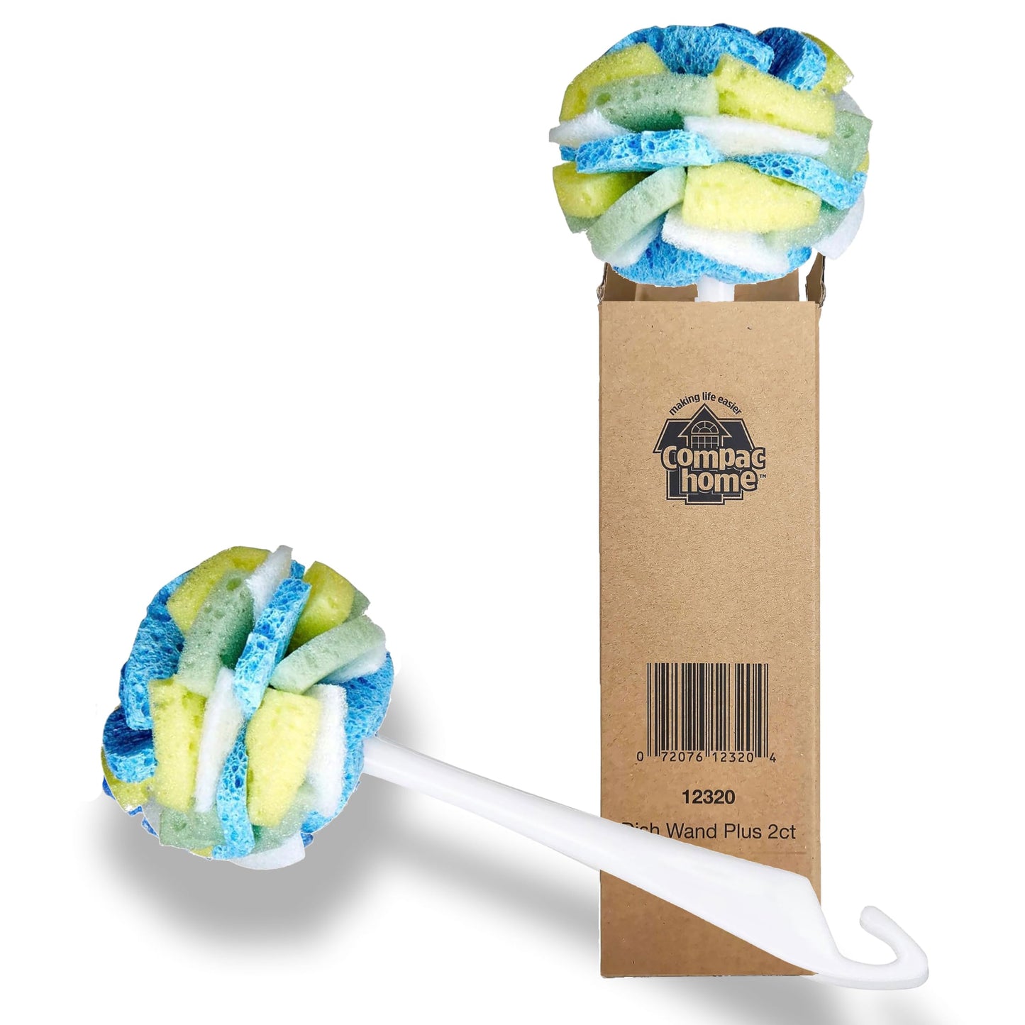 COMPAC HOME Dish Wand Plus Cello, Foam & Scour Sponge Petals Brush and Clean Dishes, Pots, Bottles, & Glassware, 2 Count