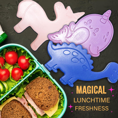 Kona Ice Pals Kids Ice Pack Lunch Box Size - Ice Packs for Lunch Boxes Kids, Lunch Box Ice Packs Reusable, Freezer Packs - Ice Pals Themed Shapes: Dinosaur, Unicorn, Narwhal - Multi-Colored - 6 Pack