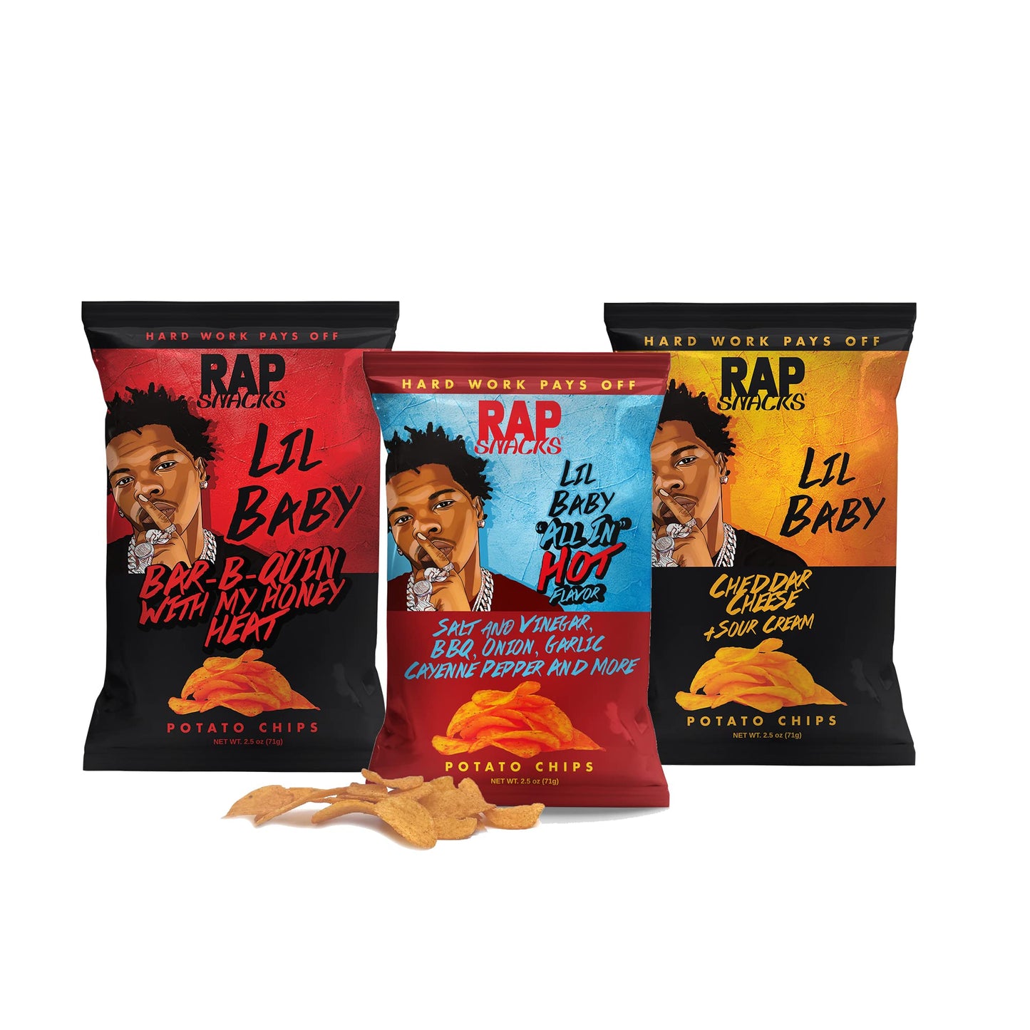 Rap Snacks Lil Baby Cheddar and Sour Cream, Bar-B-Quin' With My Honey Heat and All In Hot-Variety Pack of 6