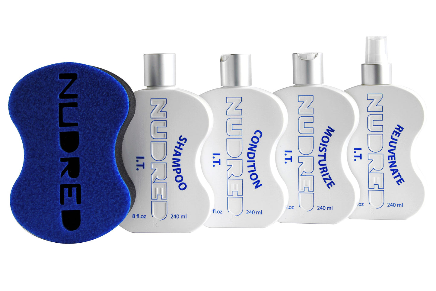 NuDred Super Starter Kit, 4 Bottles of Moisturize, Shampoo, Condition and Rejuvenate I.T. Bottles and the Original Blue Hair Sponge, Small Holes