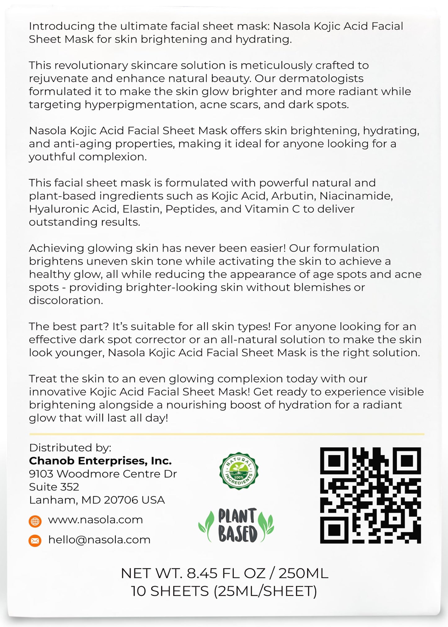 Nasola - Anti-Aging, Brightening, Hydrating, Moisturizing Skin Treatment Mask, 10pcs