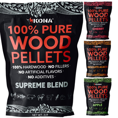 Kona Smoker Grilling Pellet (Set of 4) 2 Pound Variety Pack (8 pounds Total), Apple + Cherry + Supreme Blend + Mesquite Acacia Blend