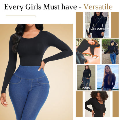 Soo slick Bodysuit for Women Fall Clothes for Women 2024 - Body Shaper Long Sleeve Crew Neck Thong Body Shaping Tops