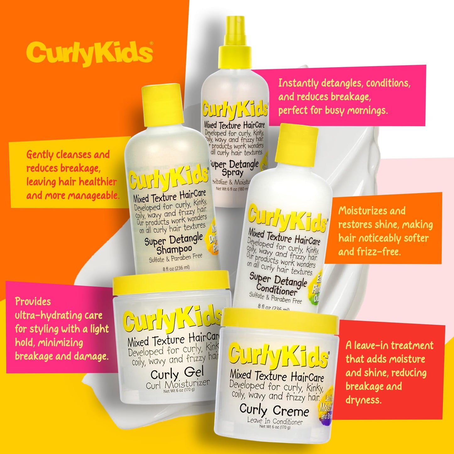 CurlyKids Super Detangle Spray Bundle with Hair Detangler Spray, Kids Shampoo, Conditioner, Gel & Creme for Curly, Frizzy, & Wavy Hair | Sulfate & Paraben-Free Formula to Detangle