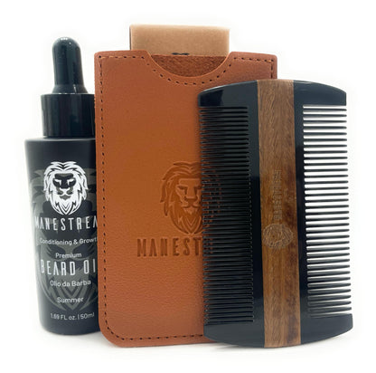 MAN & MANE Premium Natural Ox horn and Sandalwood Dual Action Beard Comb (Brown Pouche) and Beard Oil Bundle 50ml (Summer (Orange))