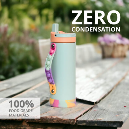 Elemental Iconic Kids Water Bottle with Straw Lid & Stress Relief Pop It Handle, Leak-Proof When Closed, Triple Insulated Kids Stainless Steel Water Bottle For Girls and Boys, 14oz - Mint Sorbet