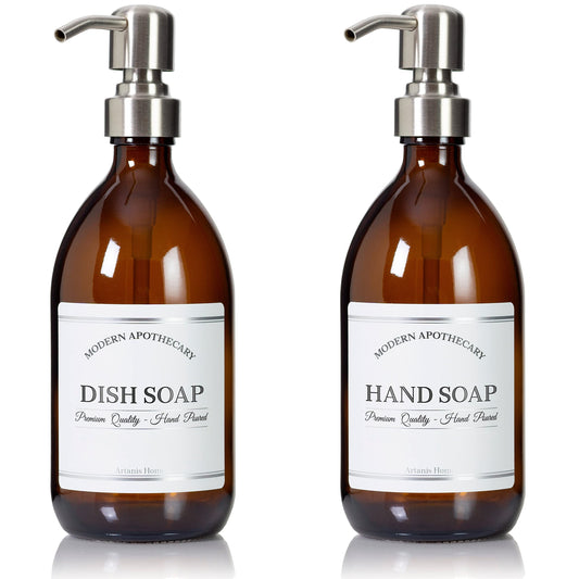 Artanis Home Refillable Amber Glass Hand Soap/Dish Soap Dispenser 16 oz, 2-Pack – Chrome Accent Waterproof Labeled Apothecary Bottle with Stainless Steel Pumps