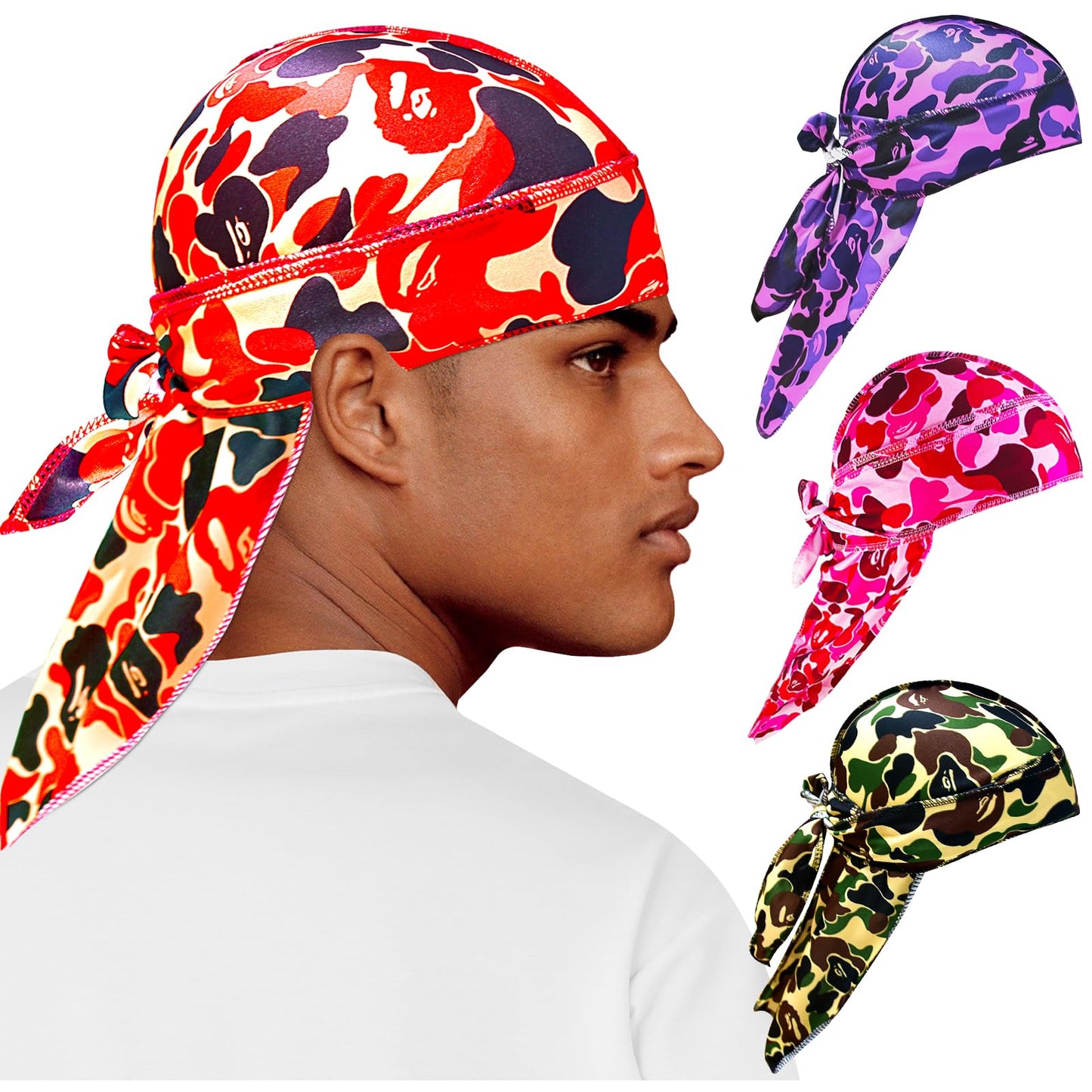4Pcs Durag Set Silk Durag for Men Designer Durag Printed Do Rag with Long Tail Durag Hip Hop Turban Colorful Headband for Mens Braid Dread