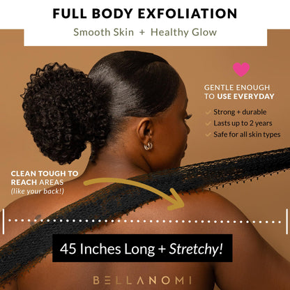 BELLANOMI African Exfoliating Net Sponge, Authentic, Ethically sourced from Nigeria, 45 inches Long, Back Scrubber for Daily use (Black)