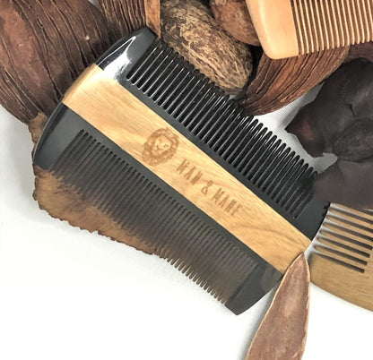 MAN & MANE Premium Natural Ox horn and Sandalwood Dual Action Beard Comb (Brown Pouche) and Beard Oil Bundle 50ml (Summer (Orange))