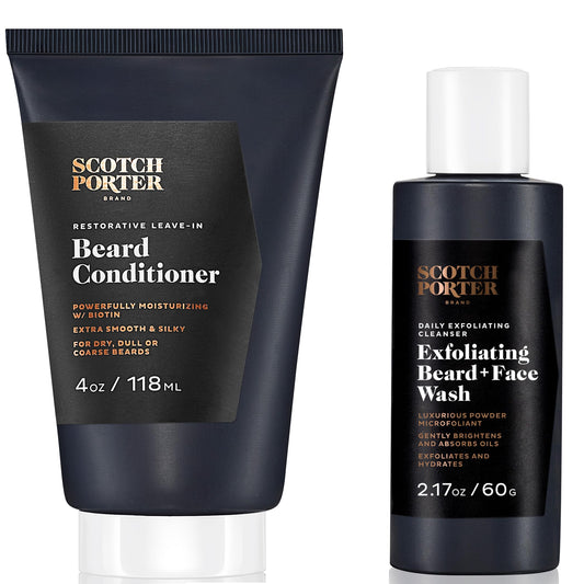 Scotch Porter Beard and Face Care Set - 4oz Leave-in Conditioner and 2.17oz Exfoliating Wash with Non-Toxic, Vegan Ingredients