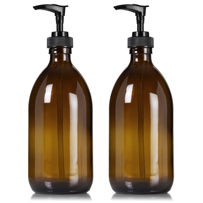 Artanis Home Refillable Amber Glass Dish Hand Soap Lotion Dispenser 16 oz, 2-Pack – Apothecary Bottle with Black Plastic Pump