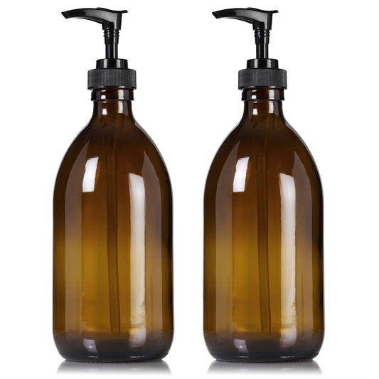 Artanis Home Refillable Amber Glass Dish Hand Soap Lotion Dispenser 16 oz, 2-Pack – Apothecary Bottle with Black Plastic Pump