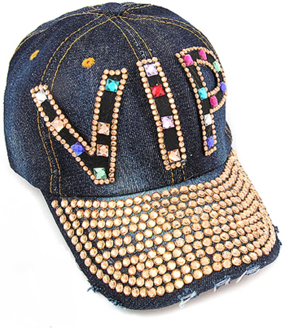 2Chique Boutique Adjustable Rhinestone & Glass Stone Denim Baseball Hat (Dark Blue)