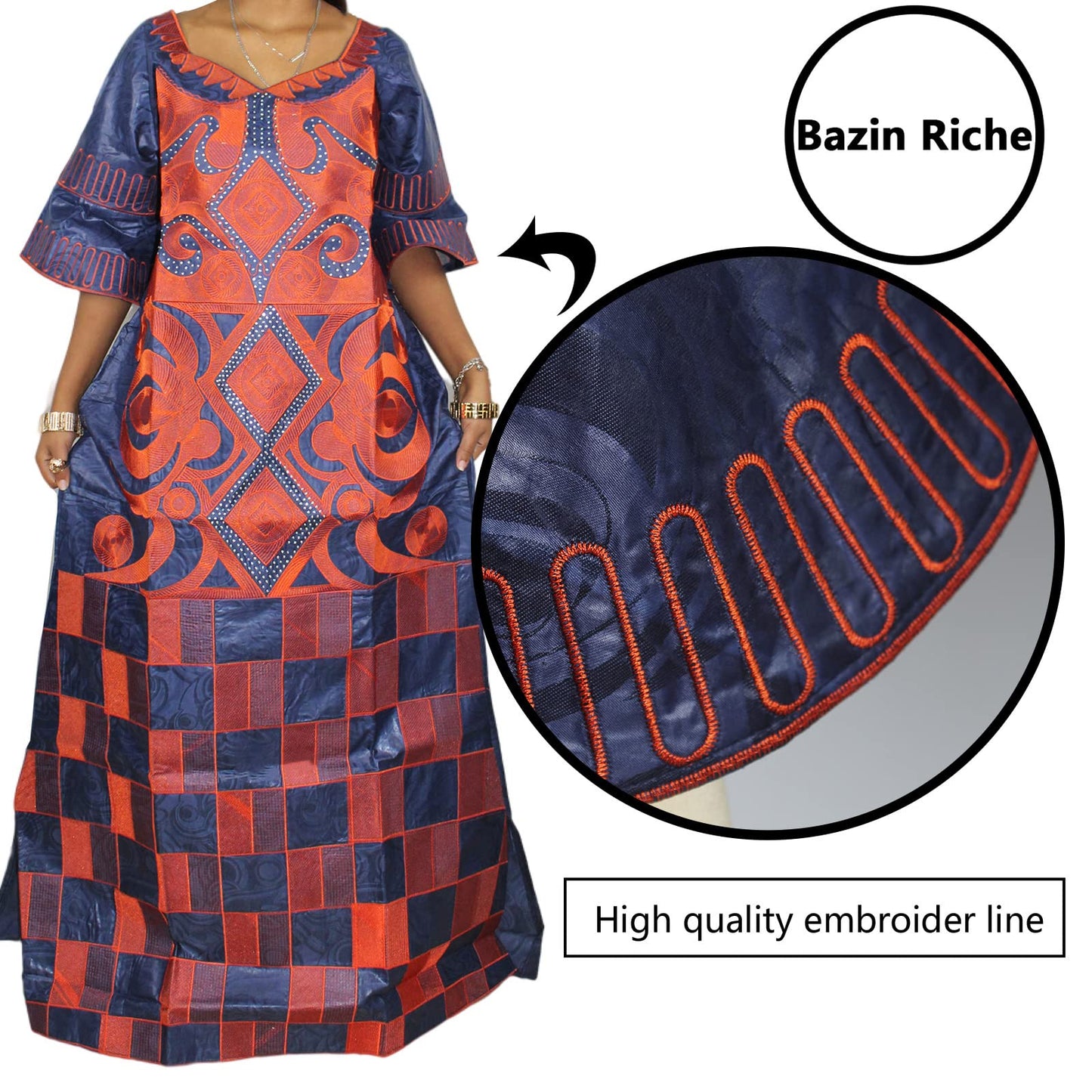 TIDOIRSA African Dresses for Women,Bazin Riche 3/4 Sleeves Inelastic Maxi Dress with Scarf (L, Blue)