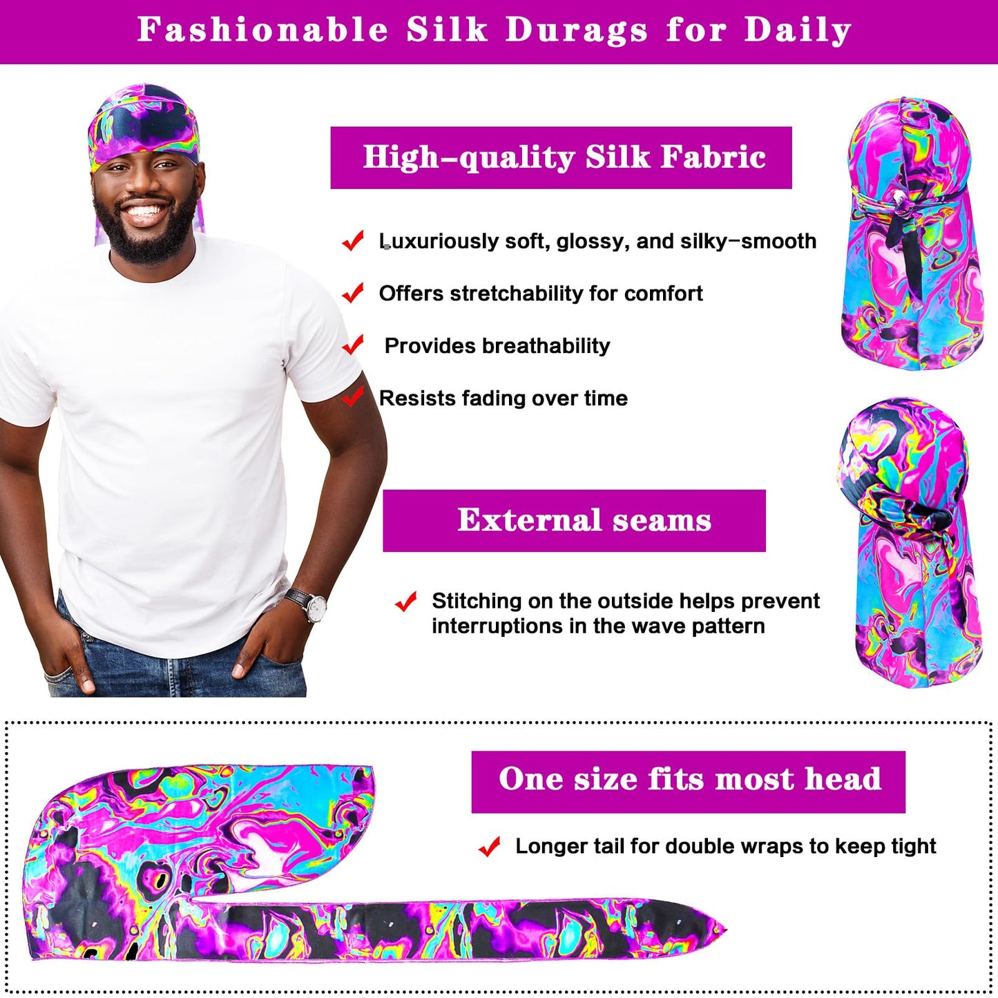 Silk Durag for Men Cool Do Rag with Long Tail Durag Hip Hop Bandana Hat Satin 360 Waves Durag Do Doo Du Rag Headwrap for Women