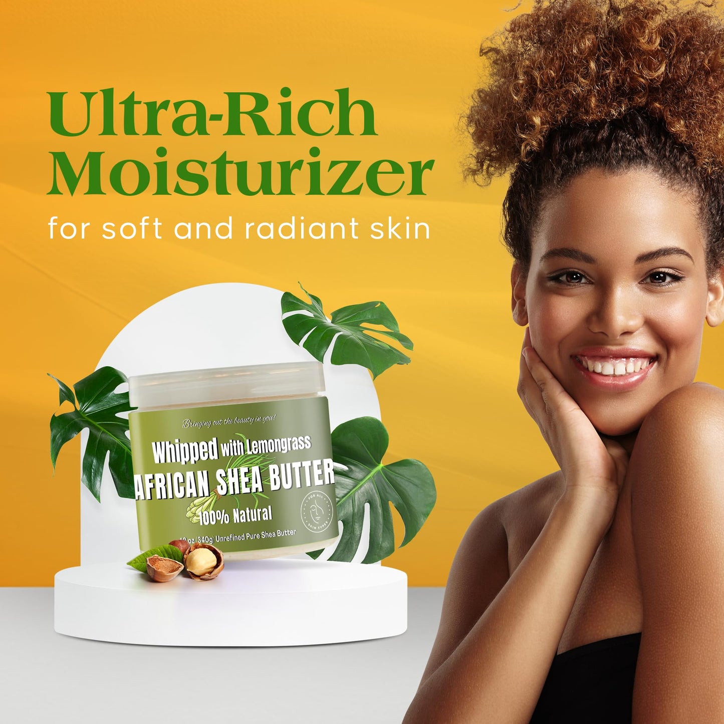 RA COSMETICS Whipped Shea Butter Lemongrass - 100% Pure and Natural African Shea Butter - Handcrafted Moisturizer with Essential Vitamins for Radiant Skin and Luscious Hair - 12oz Jar