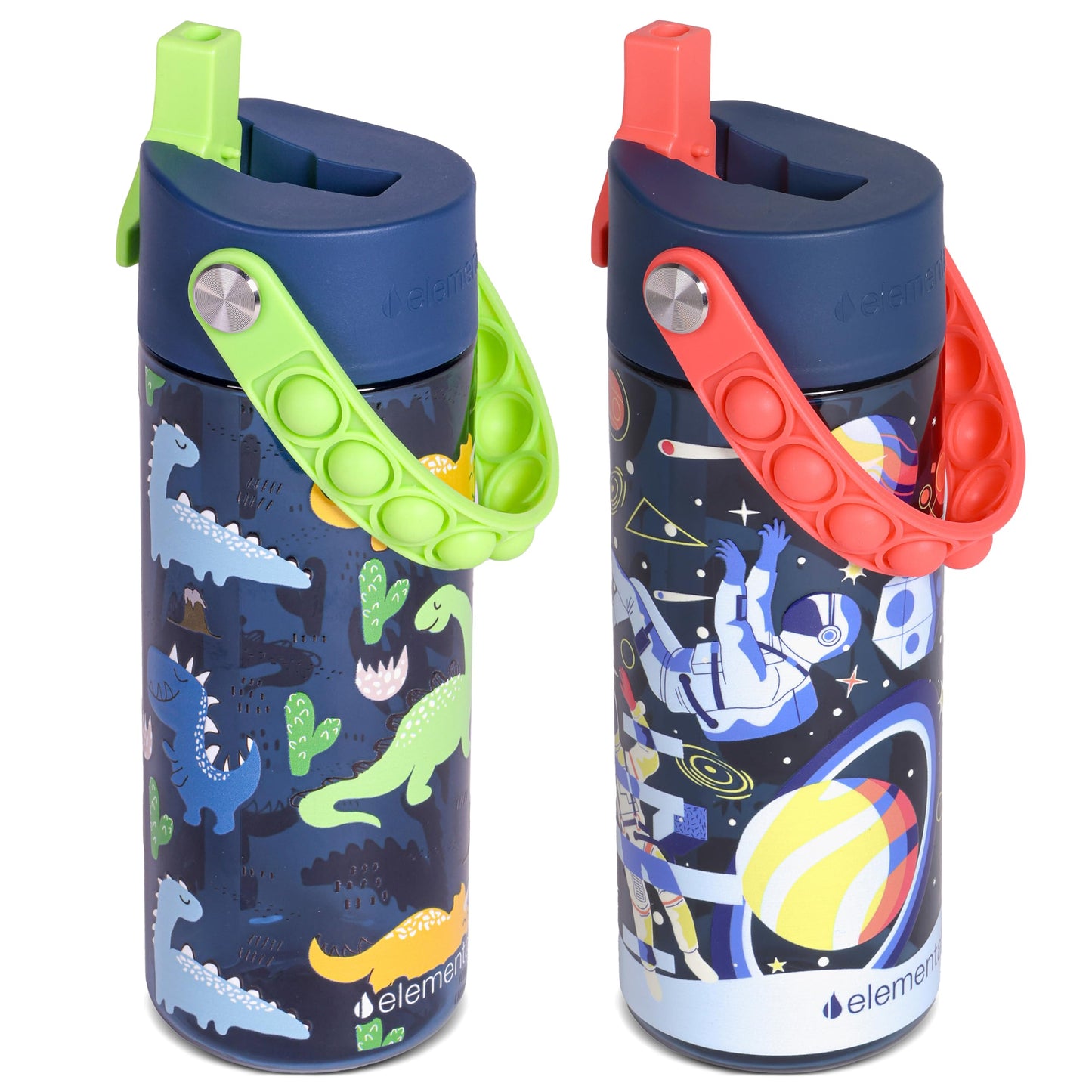 Elemental Leak Proof Water Bottles for Kids - Splash Kids Water Bottle for School with Pop-it Handle - Tritan Plastic Water Bottle with Straw - Space & Dinosaur - 18oz (2 Pack)