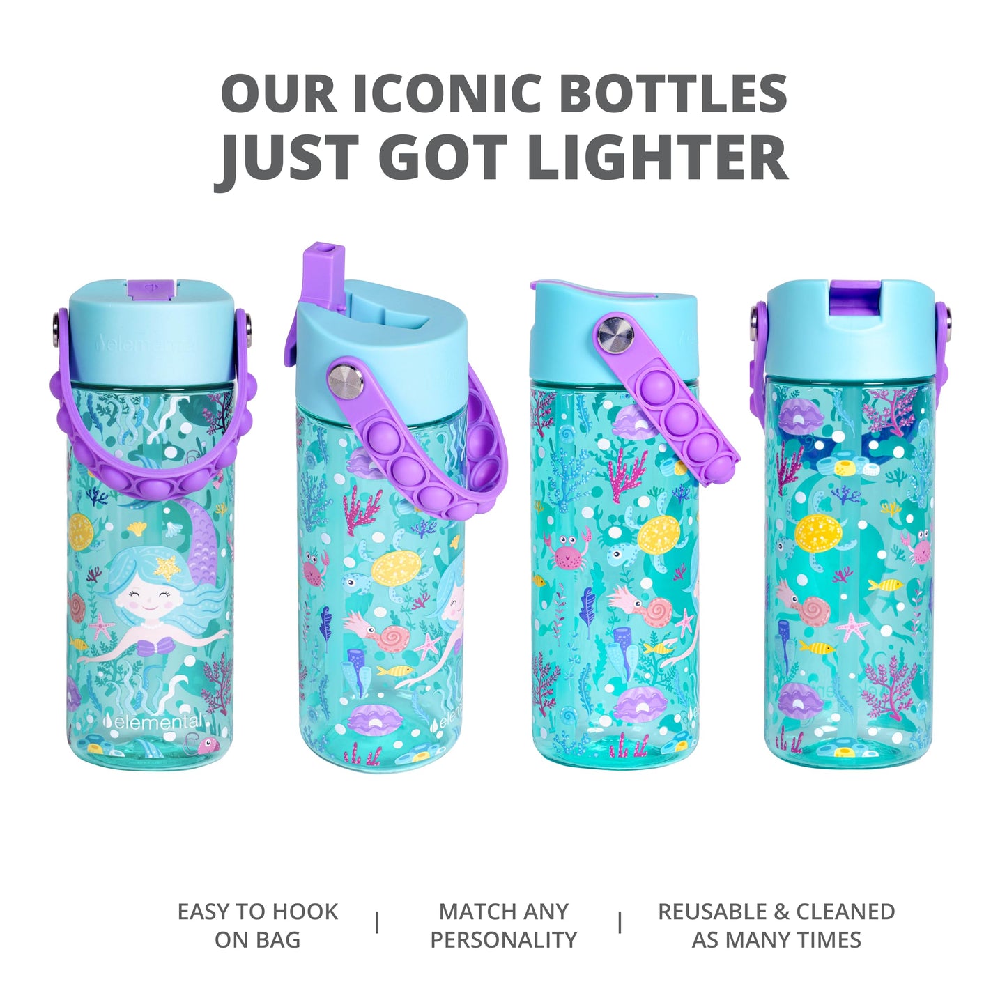 Elemental Leak Proof Water Bottles for Kids - Splash Kids Water Bottle for School with Pop-it Handle - BPA Free Tritan Plastic Reusable Water Bottle with Straw - Mermaid - 18oz