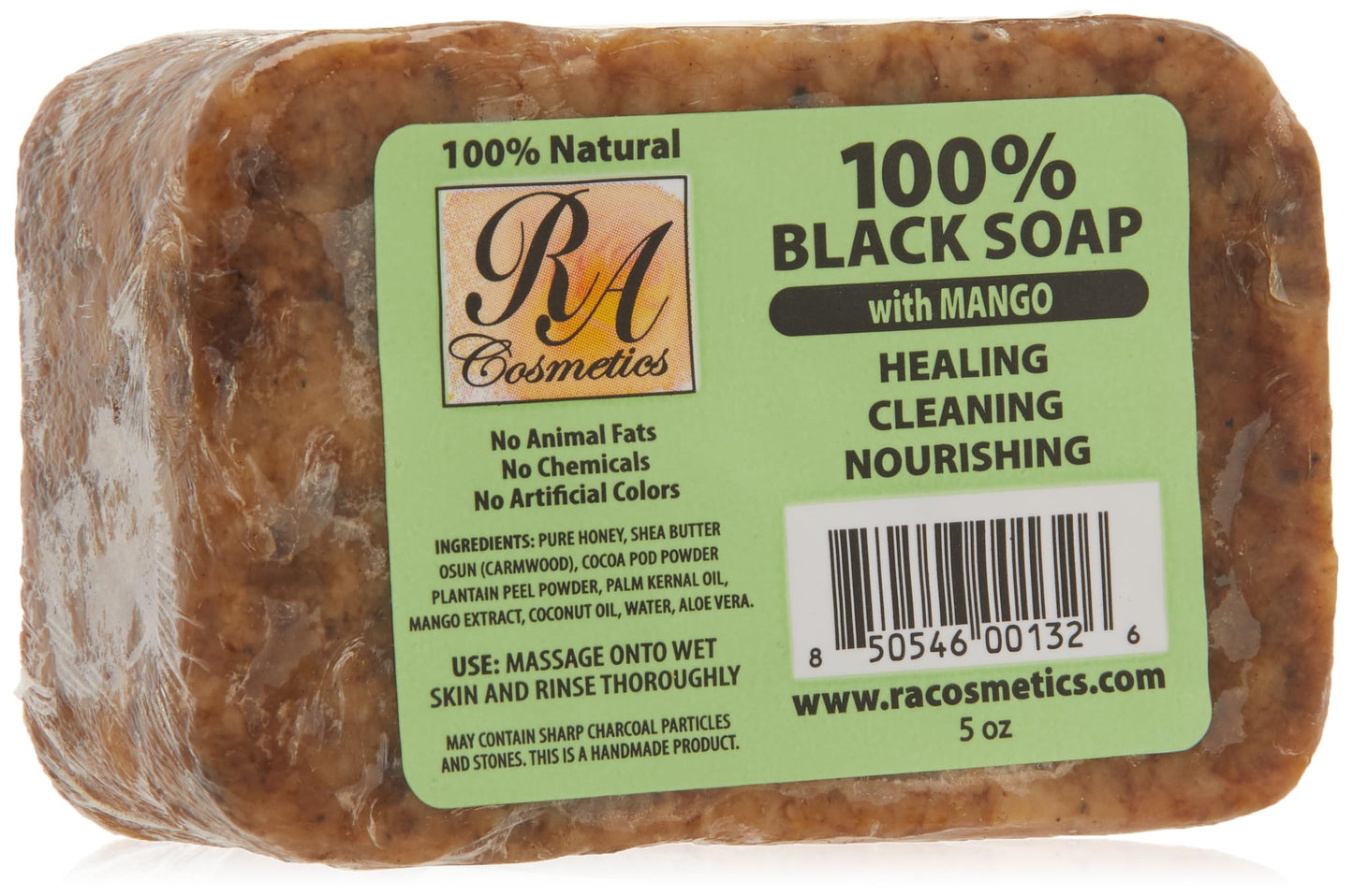 RA Cosmetics 100% Natural African Black Soap, Mango Scent, 5 oz, 141g