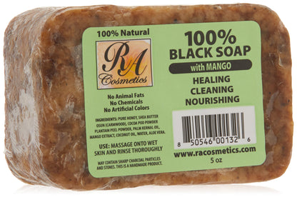 RA Cosmetics 100% Natural African Black Soap, Mango Scent, 5 oz, 141g