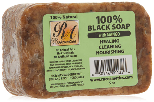 RA Cosmetics 100% Natural African Black Soap, Mango Scent, 5 oz, 141g
