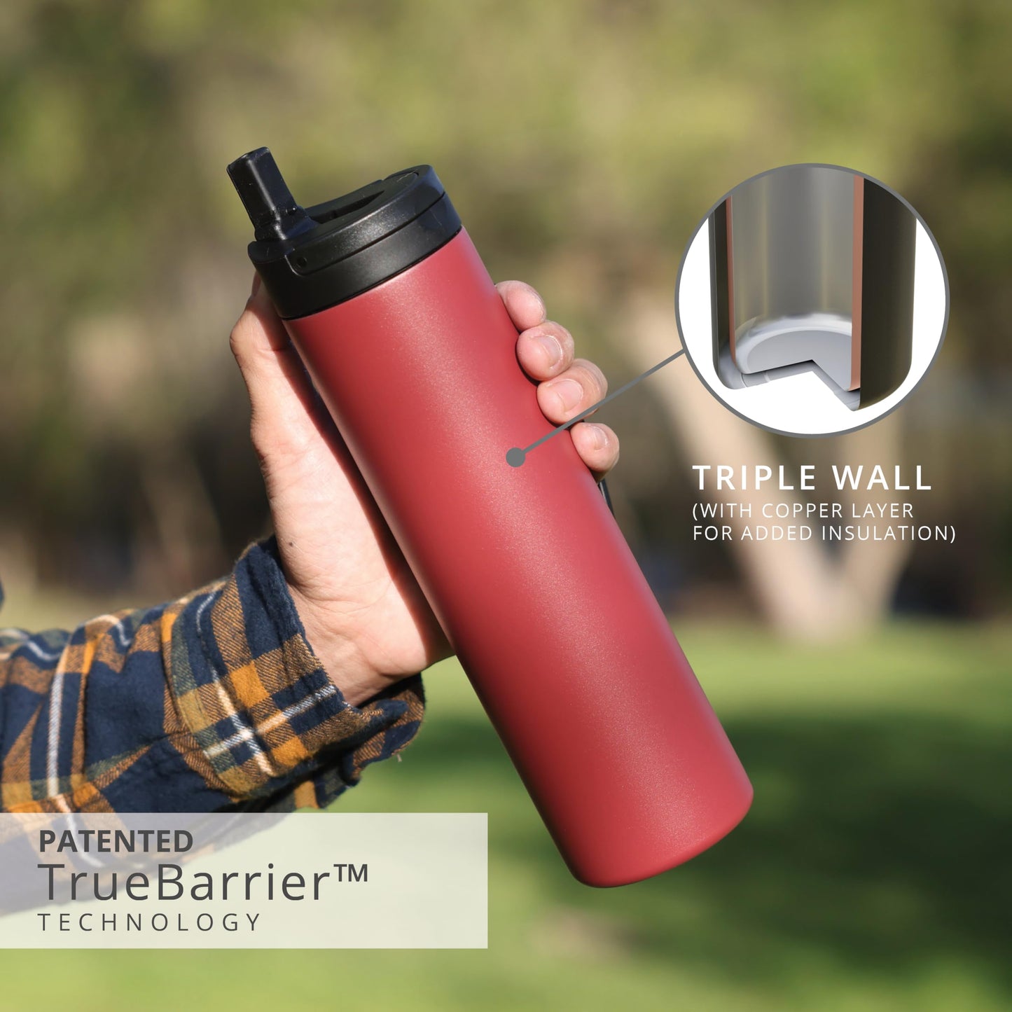 Elemental Iconic Stainless Steel Water Bottle with Straw - 20 oz Leak Proof Triple Wall Insulated Water Bottles for Travel and Sports - Reusable Gym Water Bottle with 2 Straws - Burgundy