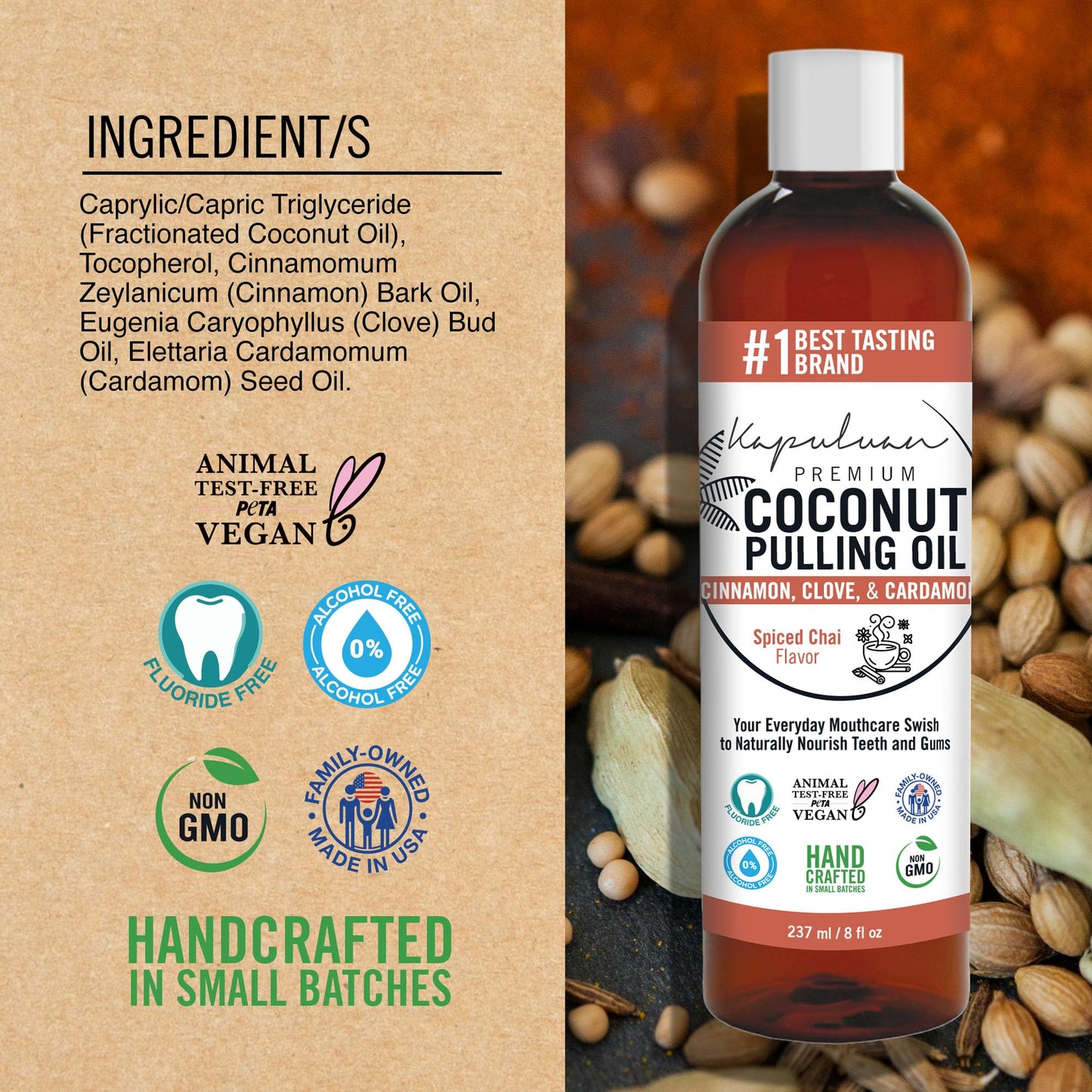 Kapuluan Coconut Oil Pulling for Teeth and Gums Mouthwash, 100% Pure and Natural, Non-GMO, Ayurvedic – Refreshing Spiced Chai Essential Oils