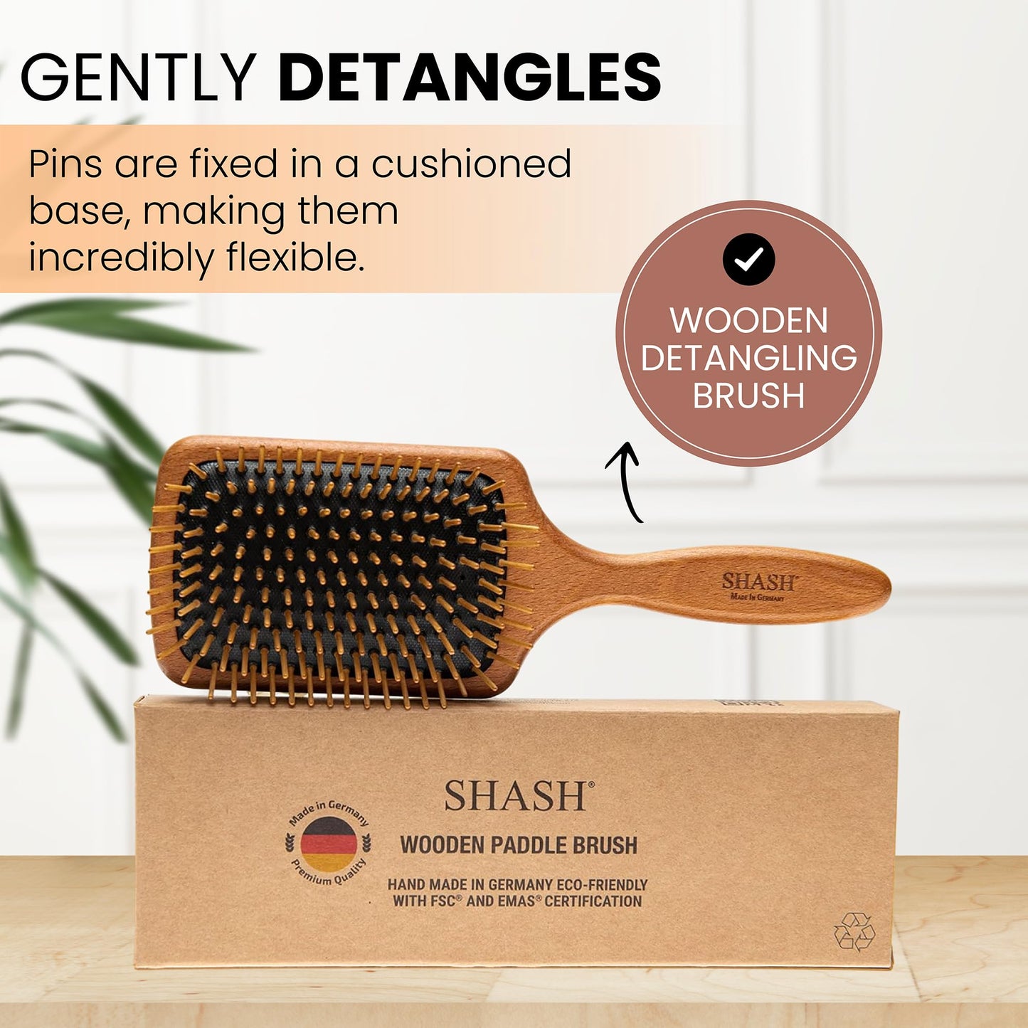 SHASH Since 1869 Made in Germany Wooden Paddle Brush - Gently Detangles, Styles, Conditions Hair with Minimal Frizz and Breakage - Safe for All Hair Types, Wet or Dry - Eco-Sourced Wood