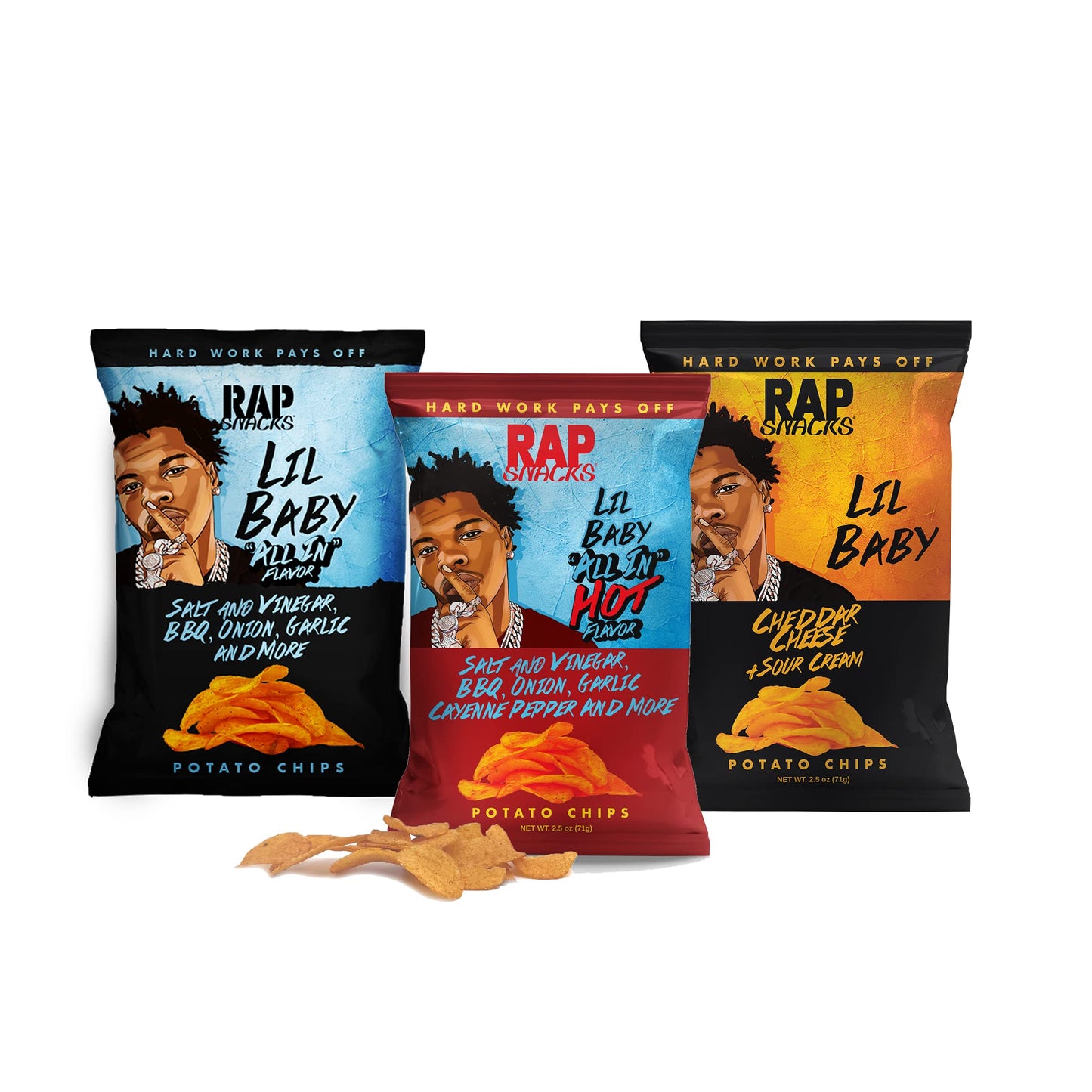 Rap Snacks Lil Baby, Cheddar and Sour Cream, All In and All In Hot Variety-Pack of 6