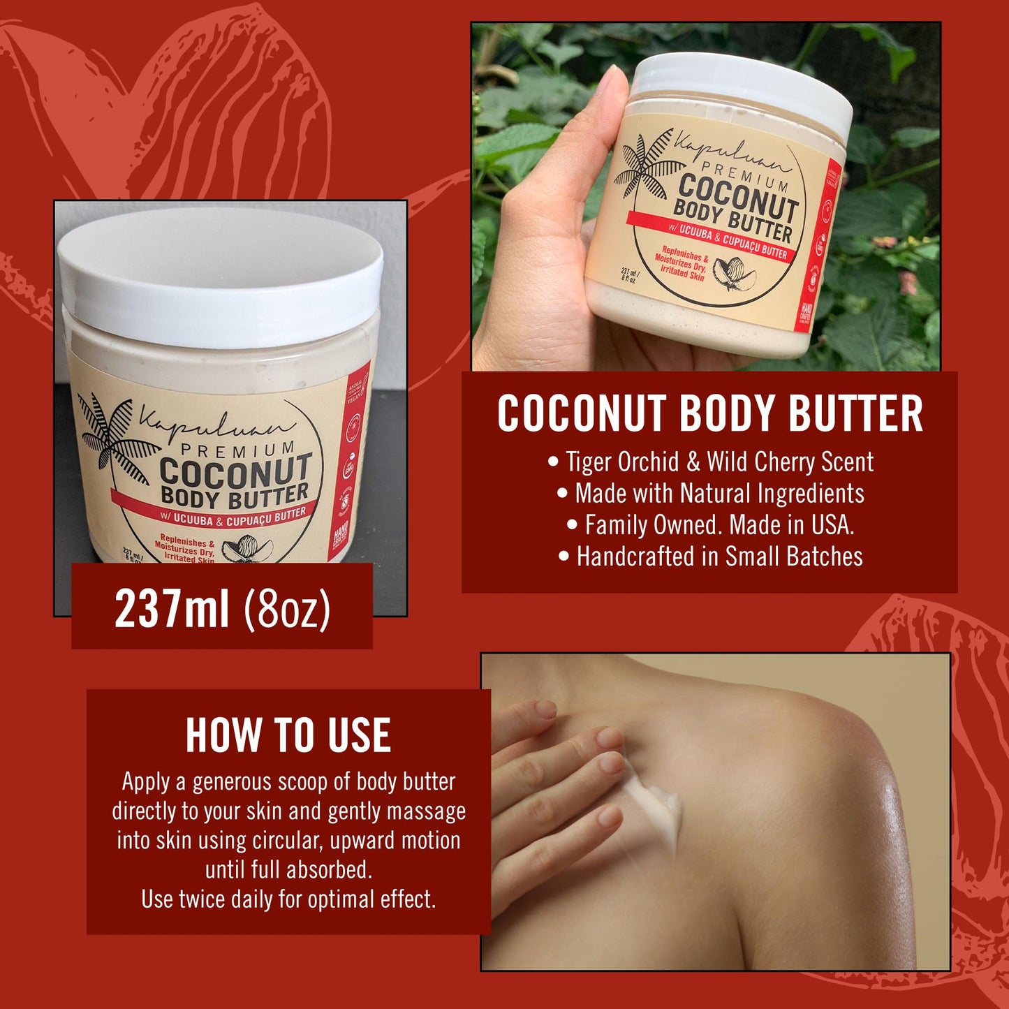 Kapuluan Coconut Body Butter for Women Dry Skin, Body Butter with All Natural Coconut Oil, Ucuuba Butter & Cupuaçu Butter,Body Cream Whipped Body Butter for Women (Tiger Orchid and Wild Cherry Scent)