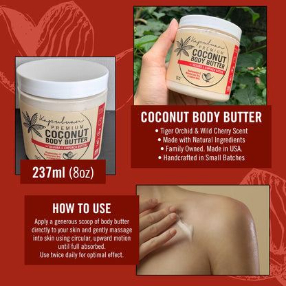 Kapuluan Coconut Body Butter for Women Dry Skin, Body Butter with All Natural Coconut Oil, Ucuuba Butter & Cupuaçu Butter,Body Cream Whipped Body Butter for Women (Tiger Orchid and Wild Cherry Scent)