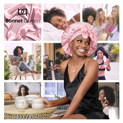 BONNET QUEEN Silk Bonnet for Sleeping Women Satin Bonnet Hair Bonnet Adjustable Hair Bonnet Night Sleep Cap Black+Pink Black+Pink