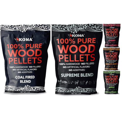 Set of 5 (2lb) Variety Smoker Pellets - All-Purpose, 100% Natural Variety Wood Pellets (Cherry, Apple, Supreme Blend, & Mesquite Acacia) and Coal-Fired Pizza Charcoal Pellets - Premium & Smoky Taste