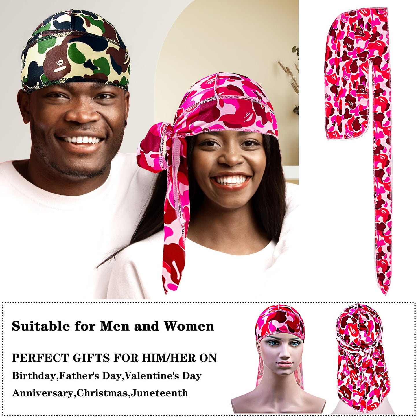 2Pcs Silk Durag for Men Designer Durag Silky Camouflage Cap Rags Hip Hop Turban Man Doorag Hair Wrap for Sleeping Dorag