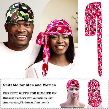 2Pcs Silk Durag for Men Designer Durag Silky Camouflage Cap Rags Hip Hop Turban Man Doorag Hair Wrap for Sleeping Dorag