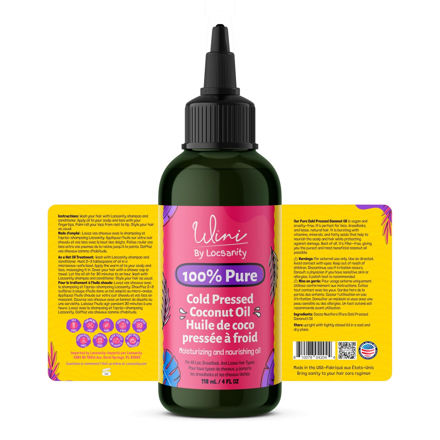 Locsanity Wini Pure 100% Cold Pressed Coconut Oil For Hair and Skin, 4 Fl Oz