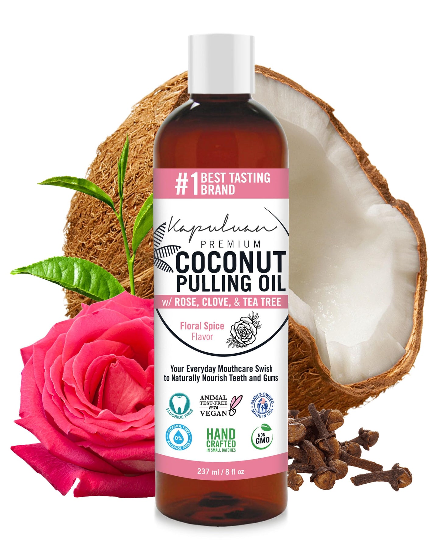 Kapuluan Coconut Oil Pulling for Teeth and Gums Mouthwash, 100% Pure and Natural, Non-GMO, Ayurvedic – Refreshing Rose Clove Essential Oils