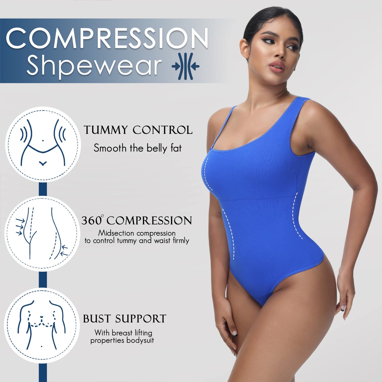 Soo slick Shapewear bodysuit for women Tummy control Tops mono strap sleeveless body suit thong sculpting clothings with removable padding and straps (Blue Large)