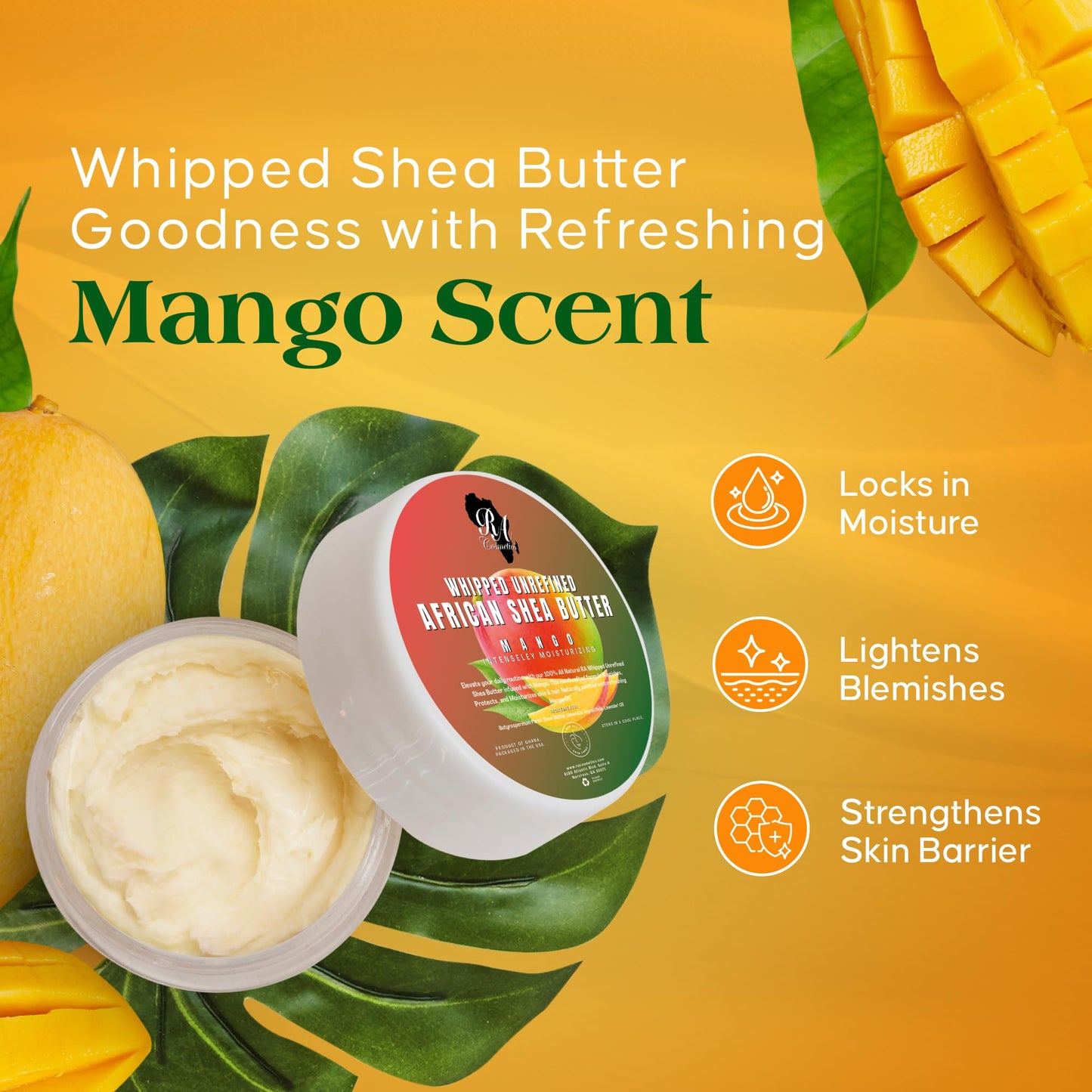 RA COSMETICS Whipped Shea Butter Mango - 100% Pure and Natural African Shea Butter - Ultimate Handcrafted Moisturizer with Essential Vitamins for Radiant Skin and Luscious Hair - 12oz Jar