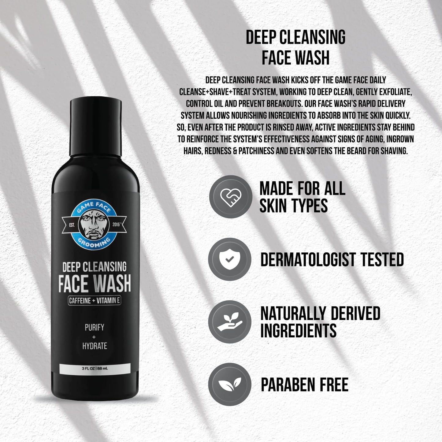 Game Face Grooming Men’s Face Wash - Deep Cleansing Face Wash with Caffeine and Vitamin E | Glycerin, Honeysuckle, Aloe Vera, & Grape Seed Oil |Purify and Hydrate Your Skin | 3 Fl Oz