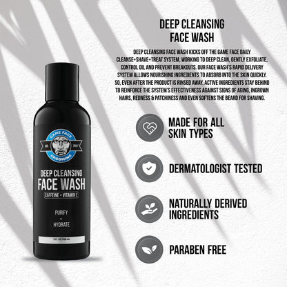 Game Face Grooming Men’s Face Wash - Deep Cleansing Face Wash with Caffeine and Vitamin E | Glycerin, Honeysuckle, Aloe Vera, & Grape Seed Oil |Purify and Hydrate Your Skin | 3 Fl Oz